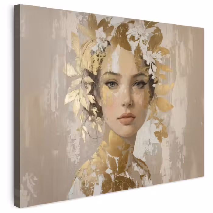 Leinwandbild - Gesicht - Frau - Blätter - Gold