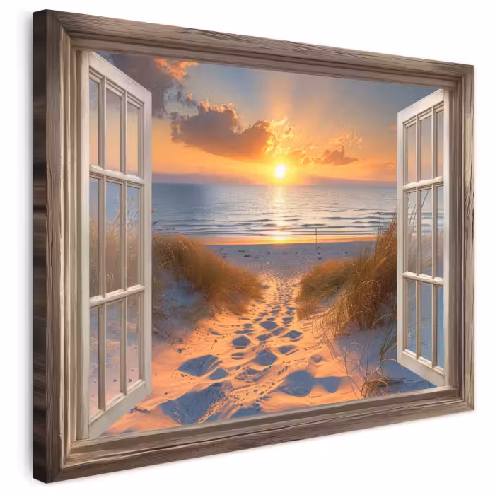 Leinwandbild - Durchblick - Strand - Dünen - Sonnenuntergang