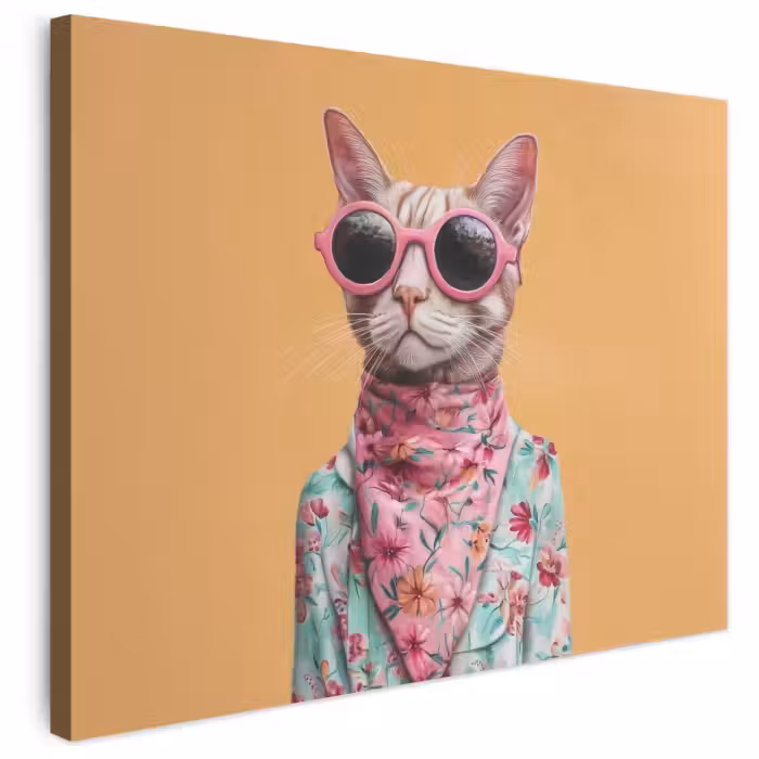 Leinwandbild - Sonnenbrille - Katze - Halstuch - Blumen
