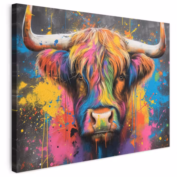 Leinwandbild - Graffiti - Schottische Highlander - Kuh - Bunt