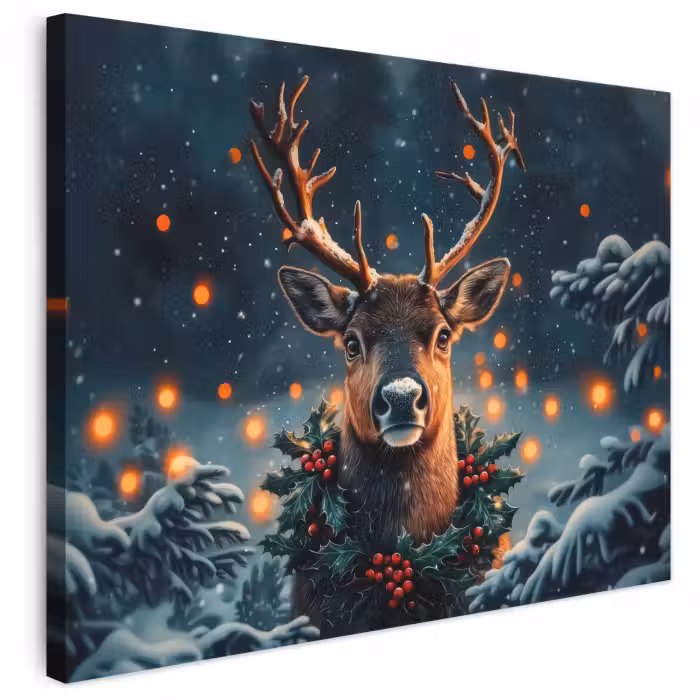 Leinwandbild - Hirsch - Weihnachten - Winter - Schnee - Weihnachtskranz