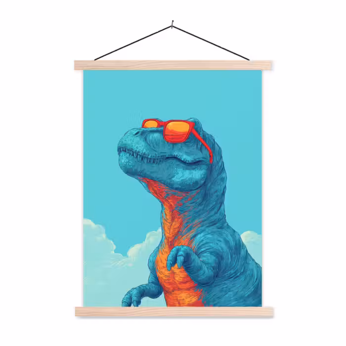 Stoffbild - T-Rex - Blau - Wolken - Sonnenbrille