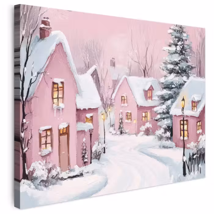 Leinwandbild - Weihnachtsdorf - Rosa - Winter - Schnee - Häuser