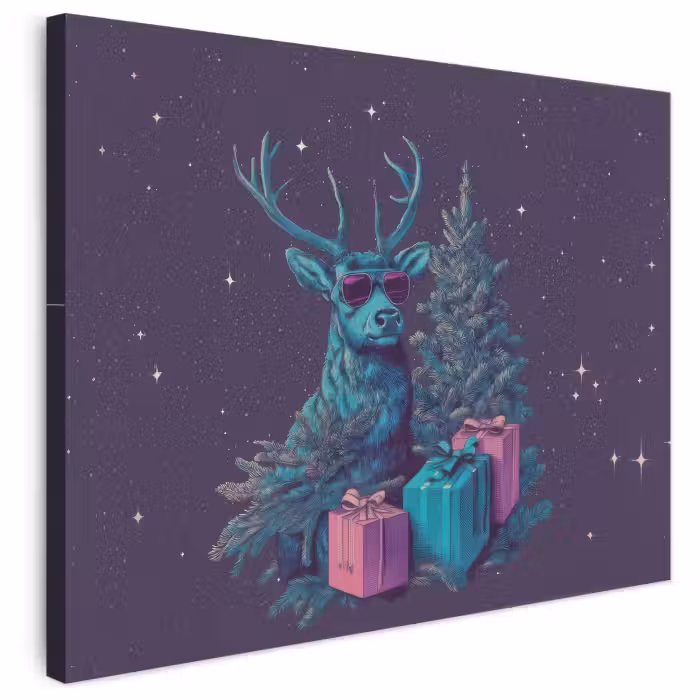 Leinwandbild - Rentier - Sonnenbrille - Neon - Weihnachtsbaum