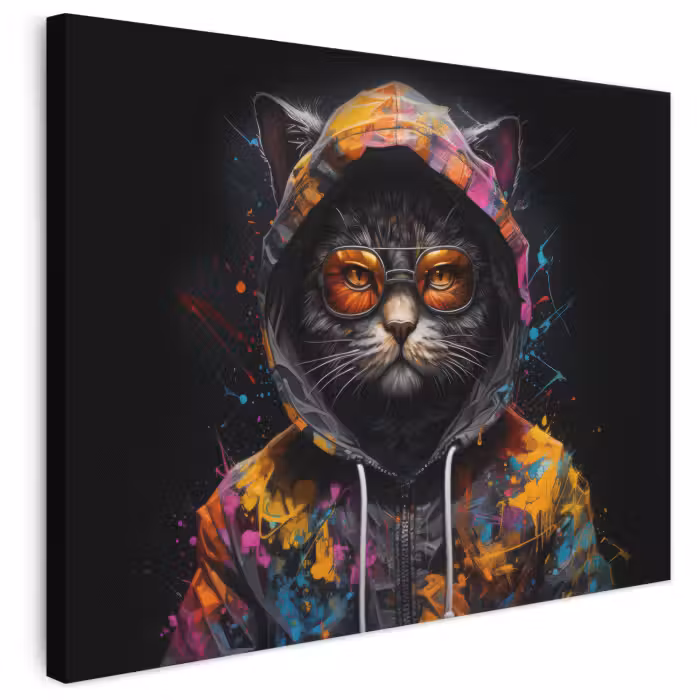 Leinwandbild - Katze - Mantel - Graffiti - Brille - Schwarz