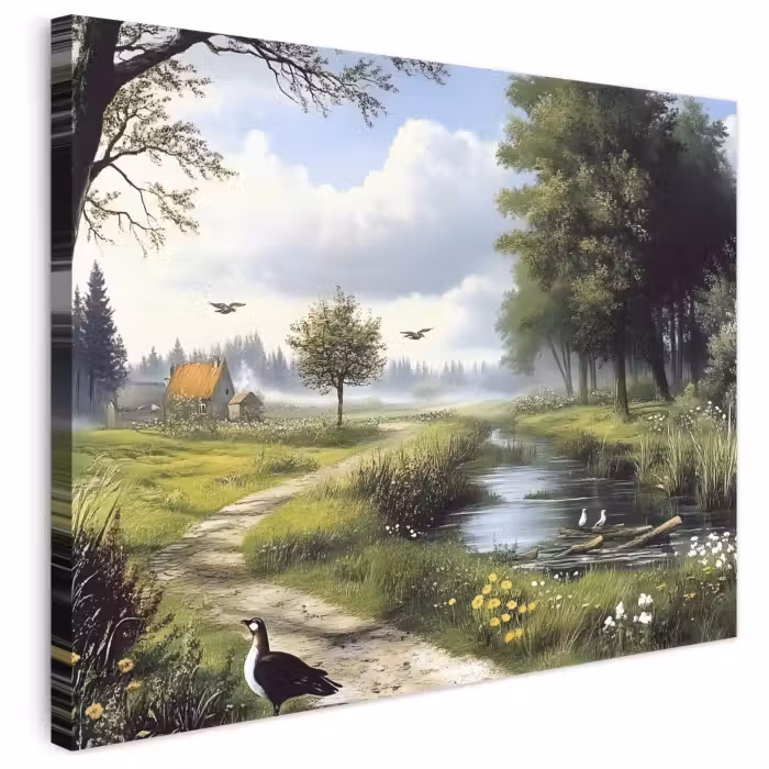 Leinwandbild - Sandiger Weg - Grüne Landschaft - Wasser