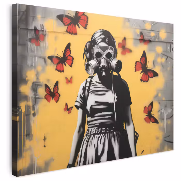 Leinwandbild - Mädchen - Gasmaske - Schmetterlinge - Graffiti