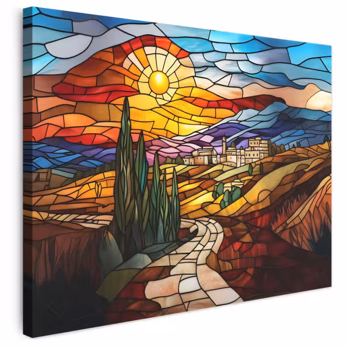 Leinwandbild - Mosaik - Sonne - Landschaft - Dorf