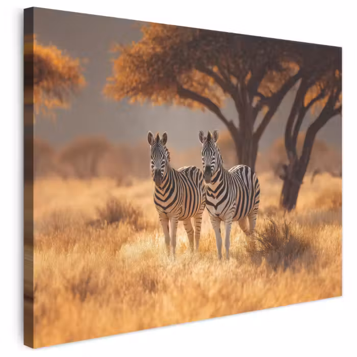 Leinwandbild - Zebras - Savannenlandschaft - Gras