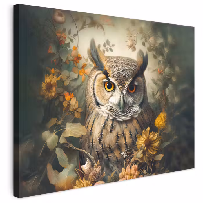 Leinwandbild - Eule - Vögel - Blumen - Natur