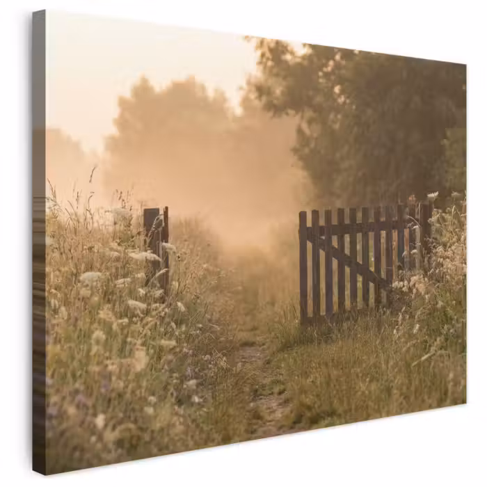 Leinwandbild - Zaun - Natur - Nebel - Feld