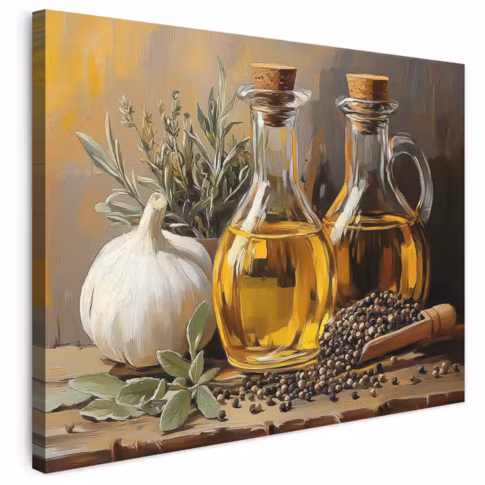 Leinwandbild - Stilleben - Olivenöl - Knoblauch - Kräuter