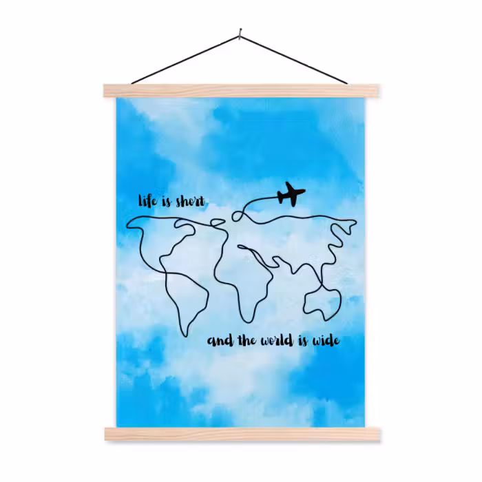 Stoffbild - Blau - Zitat - Weltkarte