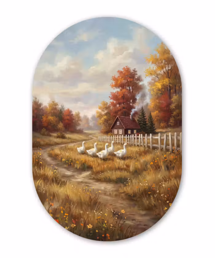 Glasbild Oval - Vogel – Haus – Natur