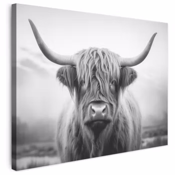 Leinwandbild - Schottischer Highlander - Nebel - Schwarz - Weiß