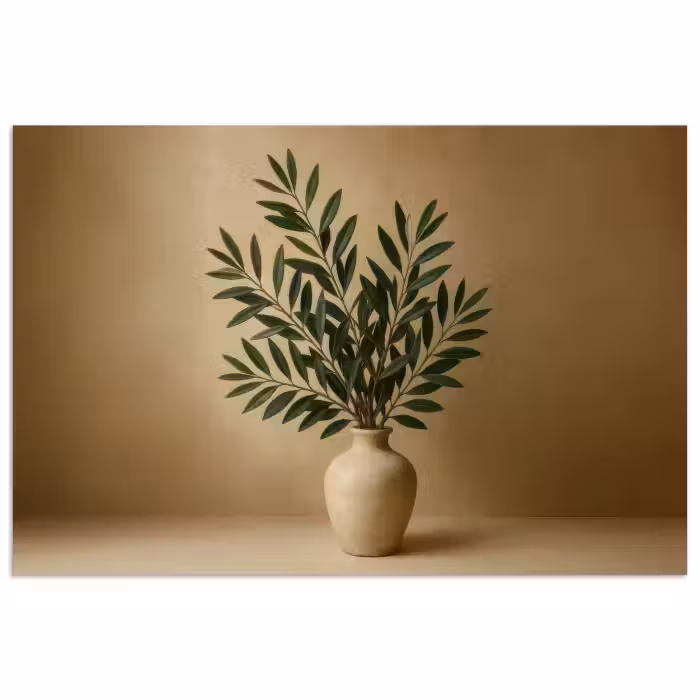 Poster - Vase - Olivenzweige - Blätter - Beige