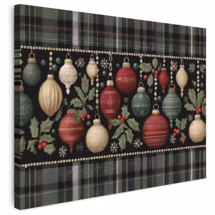 Leinwandbild - Weihnachtskugeln - Rot - Stechpalmenzweige - Muster