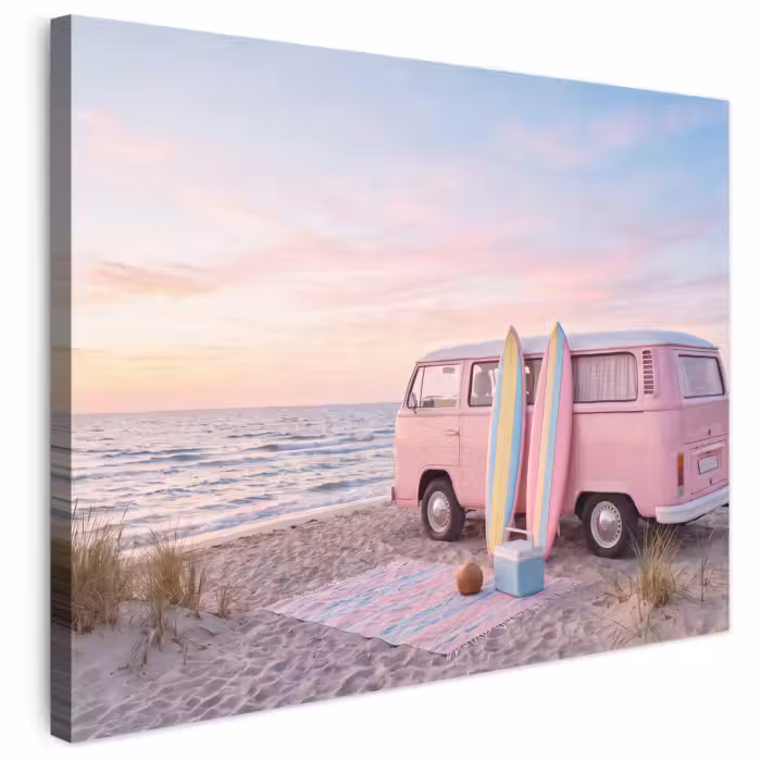 Leinwandbild - Kleinbus – Strand – Surfbrett – Sommer – Rosa