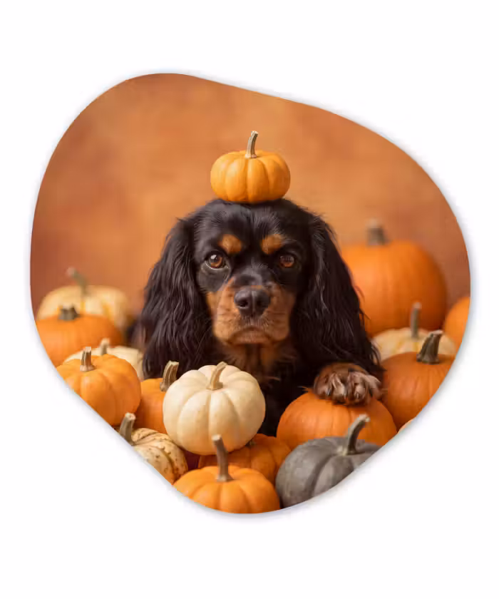 Glasbild Organische Form - Hund – Kürbis – Herbst
