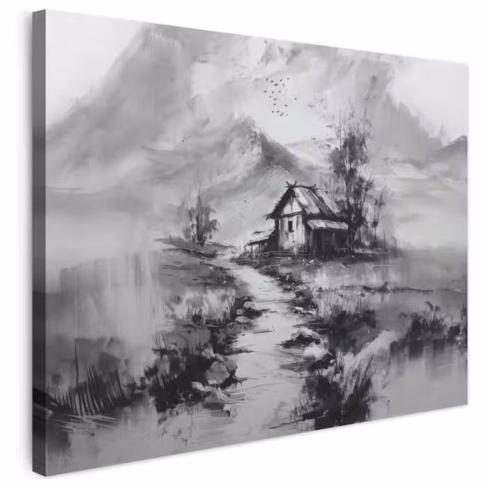 Leinwandbild - Hütte - Grau - Berge - Neblig