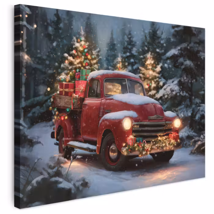 Leinwandbild - Weihnachts-LKW - Schneewald - Rot
