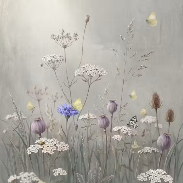 Tapete - Schmetterlinge - Wildblumen - Illustration - Farbenfroh