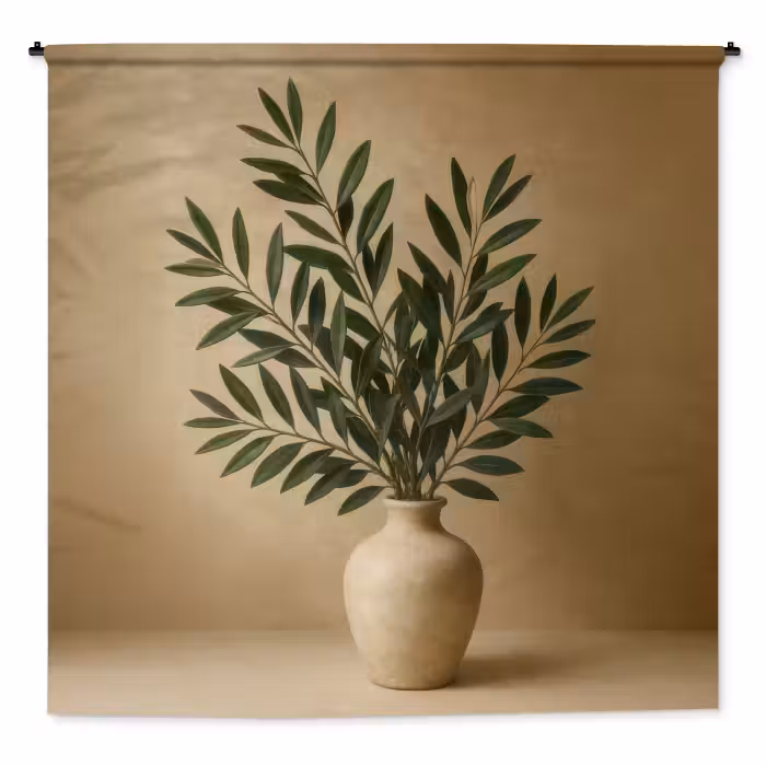 Wandteppich - Vase - Olivenzweige - Blätter - Beige