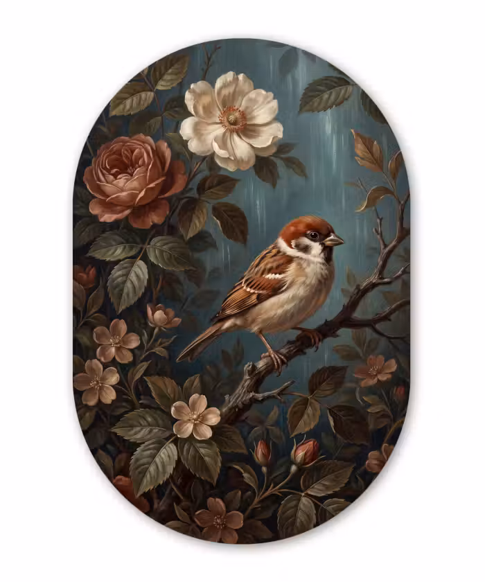 Glasbild Oval - Vogel – Ast – Klassisch