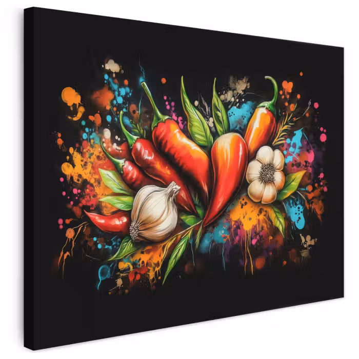 Leinwandbild - Gemüse - Paprika - Knoblauch - Graffiti - Farbe - Bunt