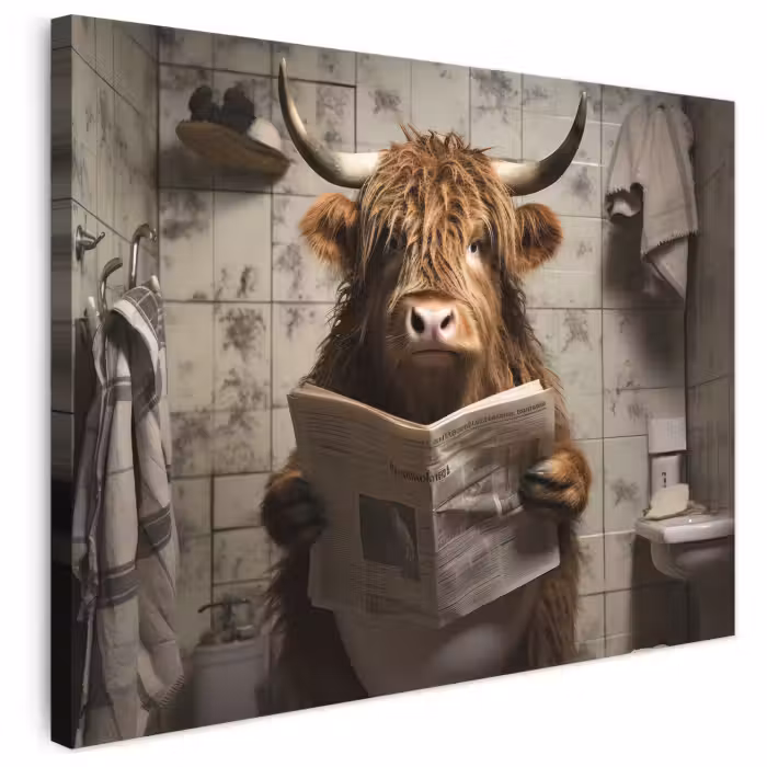 Leinwandbild - Scotch highlander - Toilette - Zeitung - Badezimmer