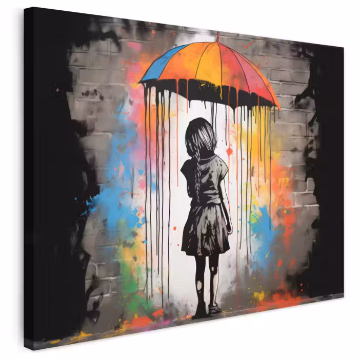 Leinwandbild - Mädchen - Kunst - Regenschirm - Graffiti - Farben - Wand