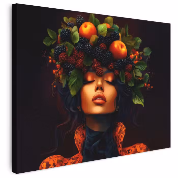 Leinwandbild - Frau - Schwarz - Beeren - Äpfel