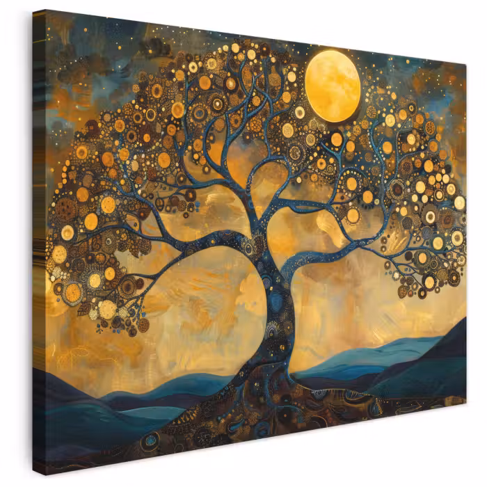 Leinwandbild - Baum - Mond - Blumen - Gold - Kunst