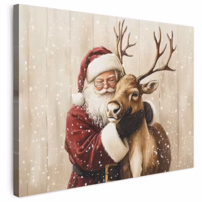 Leinwandbild - Weihnachtsmann - Rentier - Schnee - Bunt