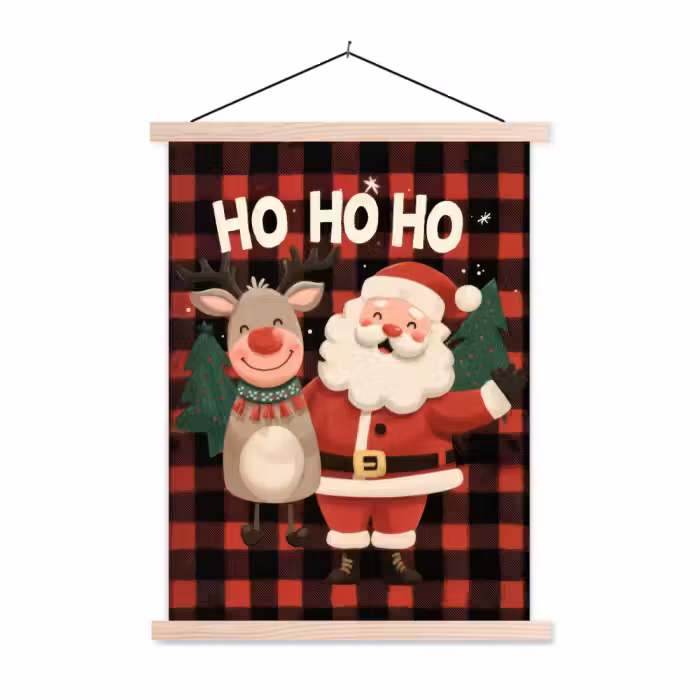 Stoffbild - Weihnachtsmann - Rentier - Text - Rot - Schwarz