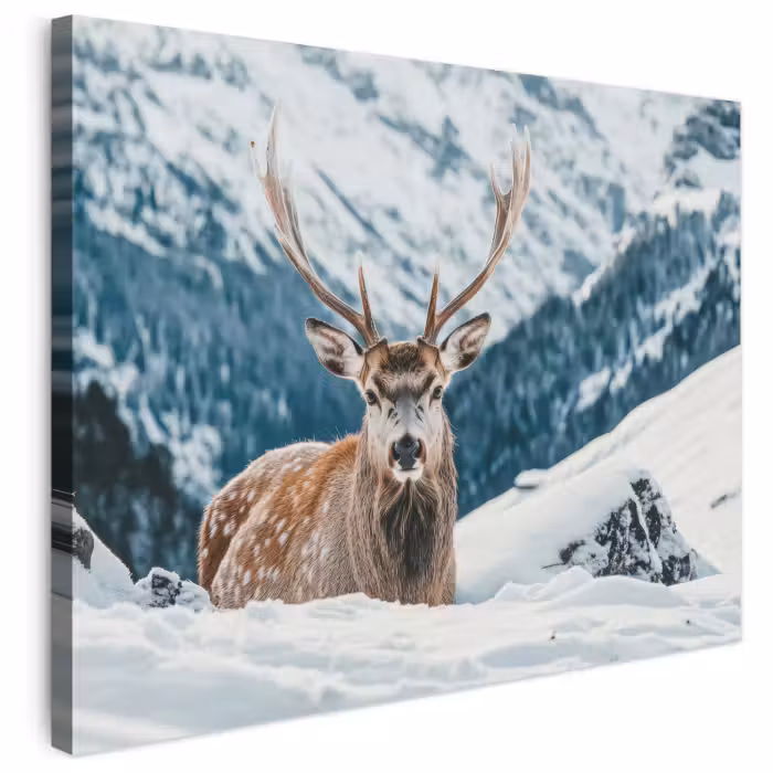 Leinwandbild - Hirsche - Landschaft - Winter - Natur - Tiere - Berge