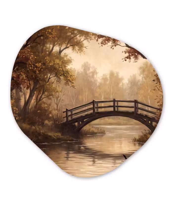 Glasbild Organische Form - Brücke – Fluss – Herbst