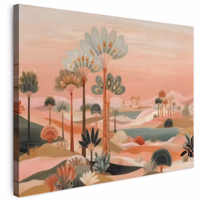 Leinwandbild - Rosa Landschaft - Palmen - Wasser