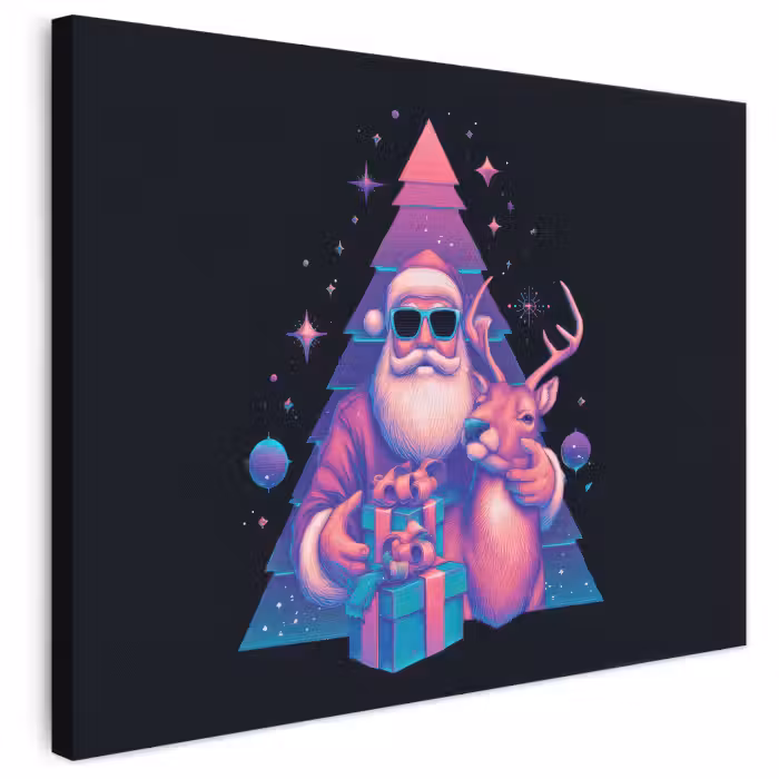 Leinwandbild - Retro - Weihnachtsmann - Rentier - Weihnachtsbaum