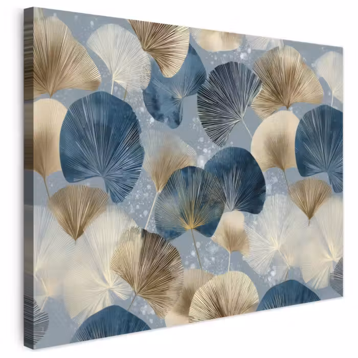 Leinwandbild - Blätter - Abstrakt - Gold - Blau