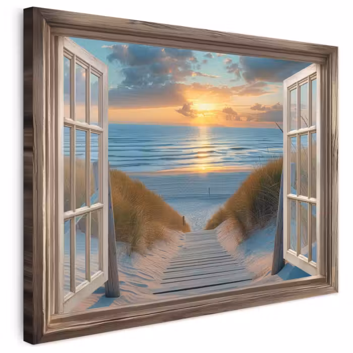 Leinwandbild - Durchblick - Strand - Weg - Sonnenuntergang
