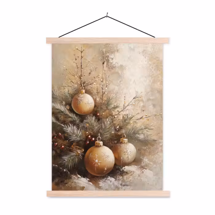 Stoffbild - Weihnachten - Kugeln - Beige - Gold