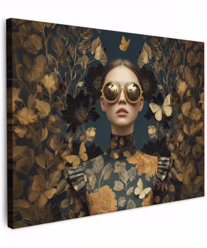 Leinwandbild - Frau - Blätter - Gold - Schmetterlinge