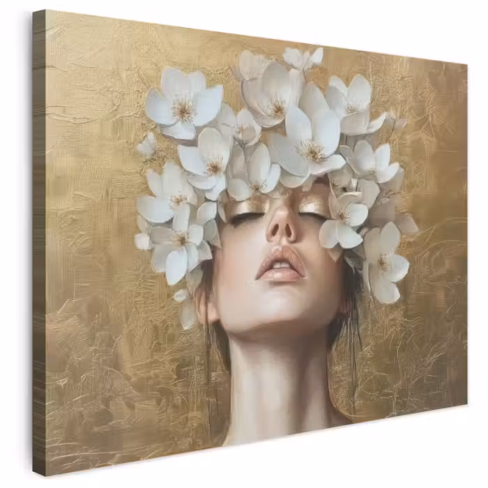 Leinwandbild - Gesicht - Blumen - Gold - Abstrakt