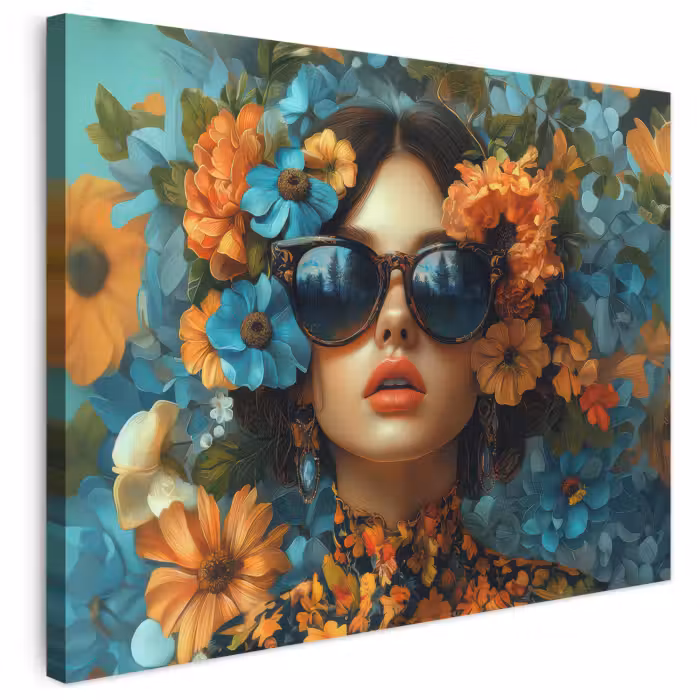 Leinwandbild - Frau - Blumen - Orange - Blau - Modern