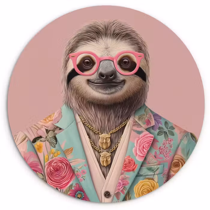 Glasbild Rund - Faultier - Blumendruck - Brille - Rosa