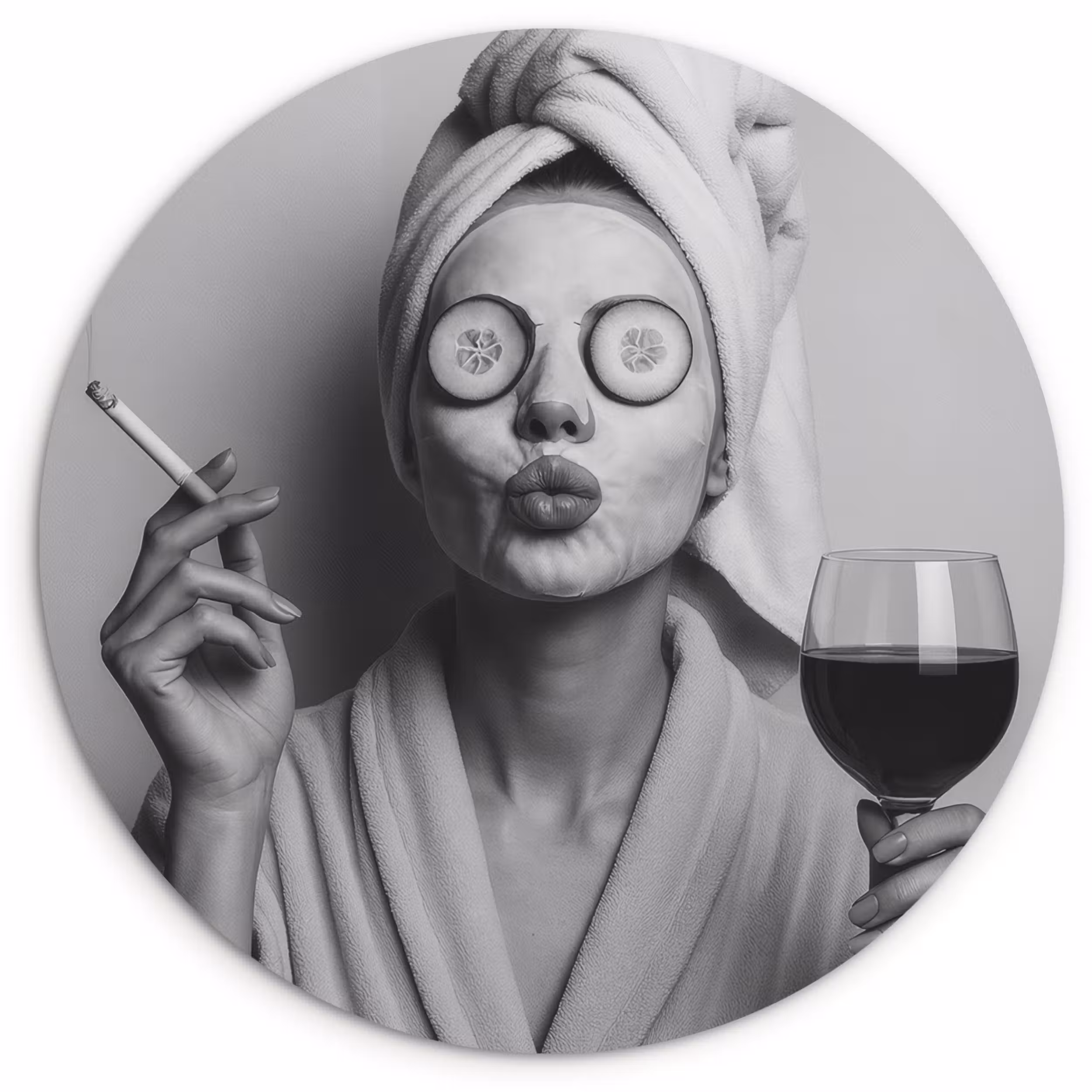 Glasbild Rund - Frau - Maske - Wein - Zigarette