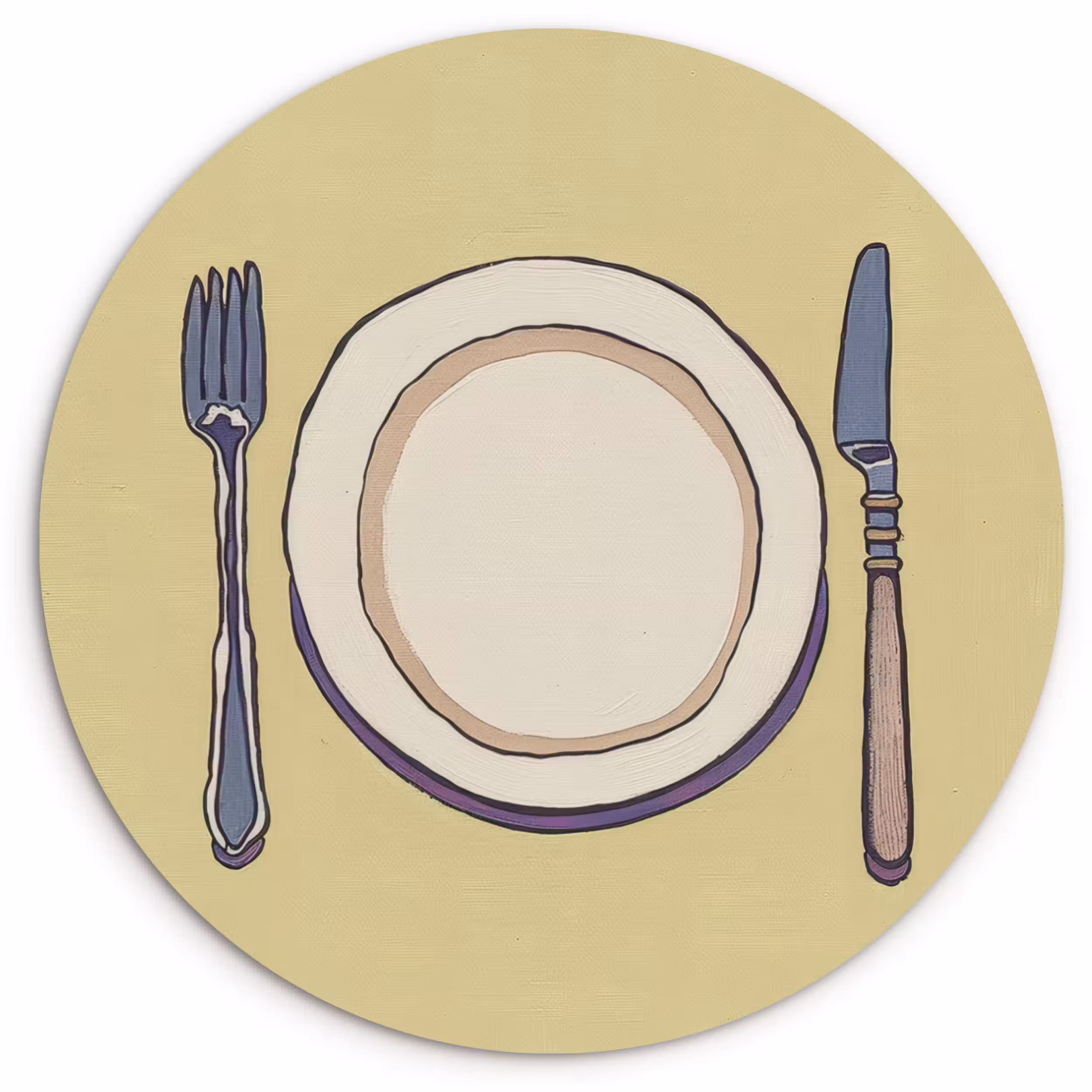 Glasbild Rund - Illustration - Teller - Besteck - Beige