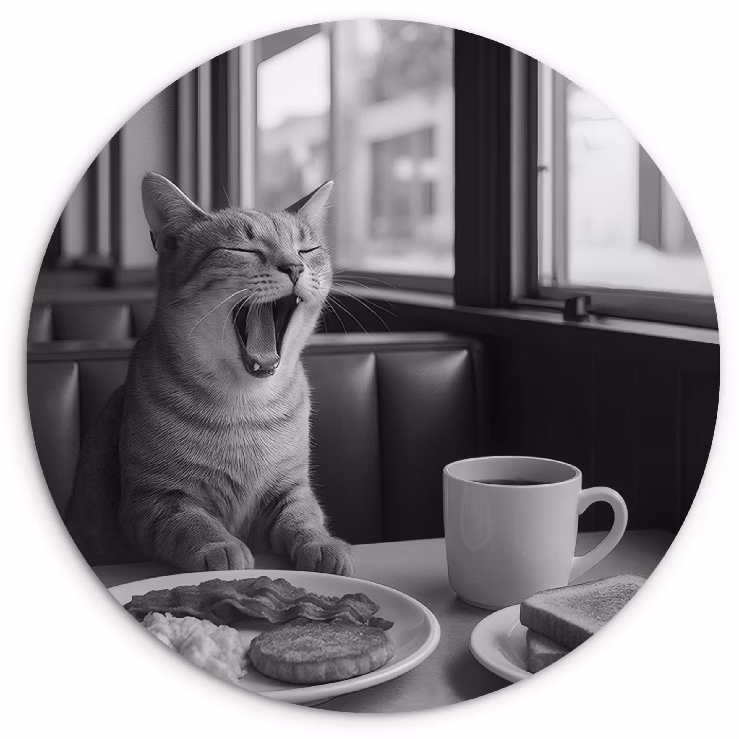 Glasbild Rund - Katze - Kaffee - Brot - Schwarz
