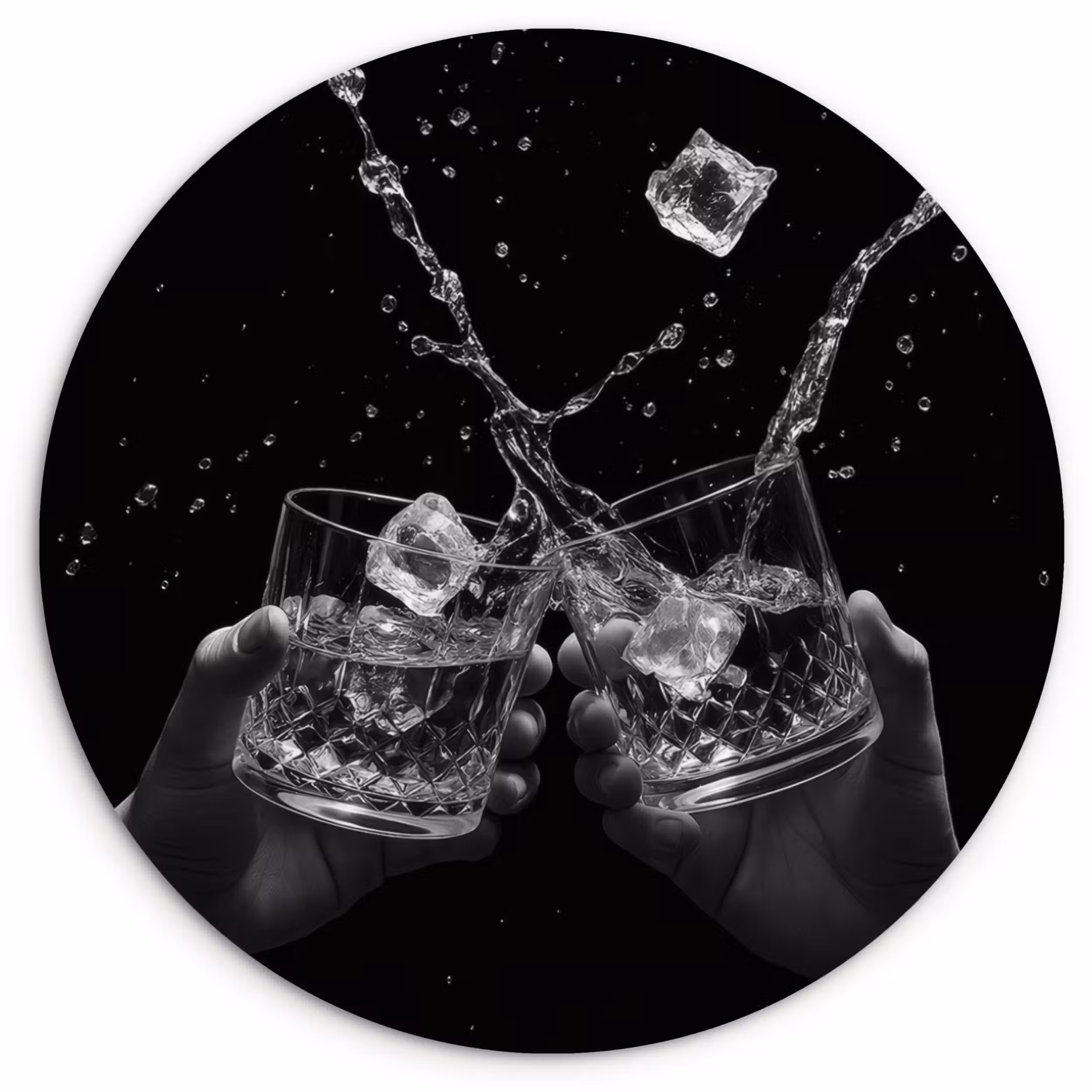 Glasbild Rund - Whiskygläser - Eis - Spritzer - Schwarz